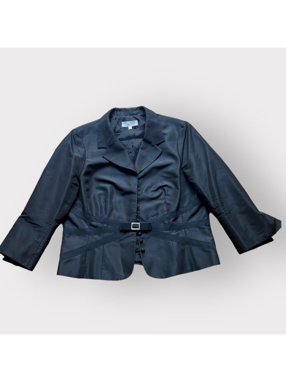 Rickie Freeman Teri Jon Size 16 Black Silk Wool Blend Corset Bow Blazer Jacket